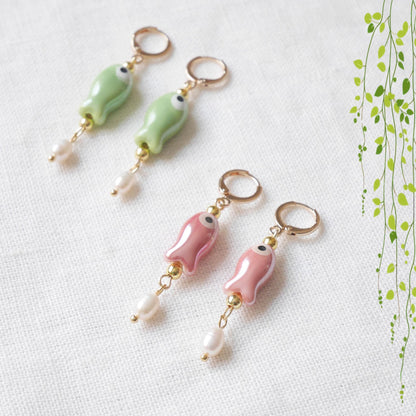 Cute ceramic drop earrings | Porcelain fish dangle with freshwater pearls | Quirky pink green dainty hoop earrings | Fun summer gift for her