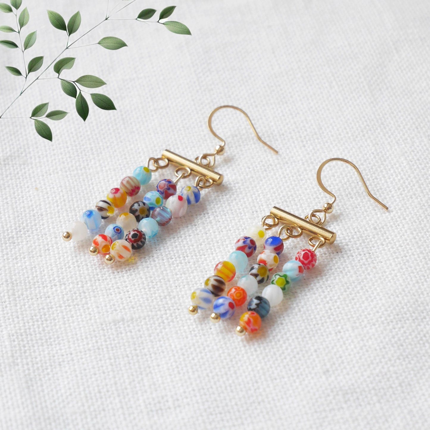 Millefiori dangle earrings | Colorful glass bead bar earrings | Multicolor rainbow beaded jewelry | Spring summer cute gift for woman