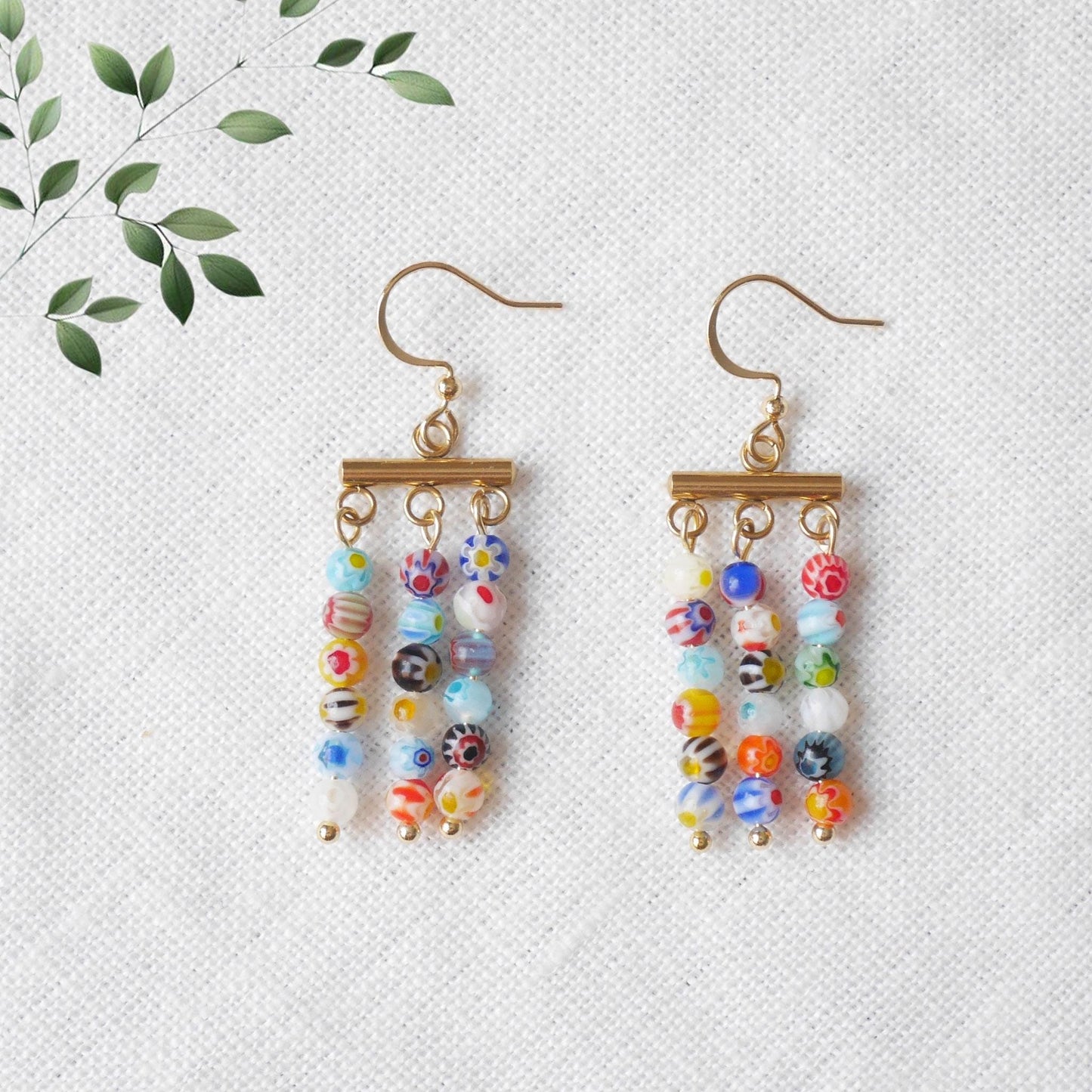 Millefiori dangle earrings | Colorful glass bead bar earrings | Multicolor rainbow beaded jewelry | Spring summer cute gift for woman