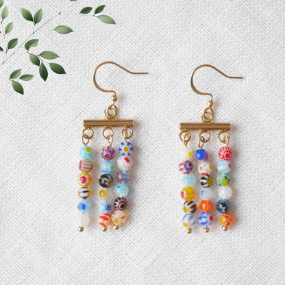 Millefiori dangle earrings | Colorful glass bead bar earrings | Multicolor rainbow beaded jewelry | Spring summer cute gift for woman