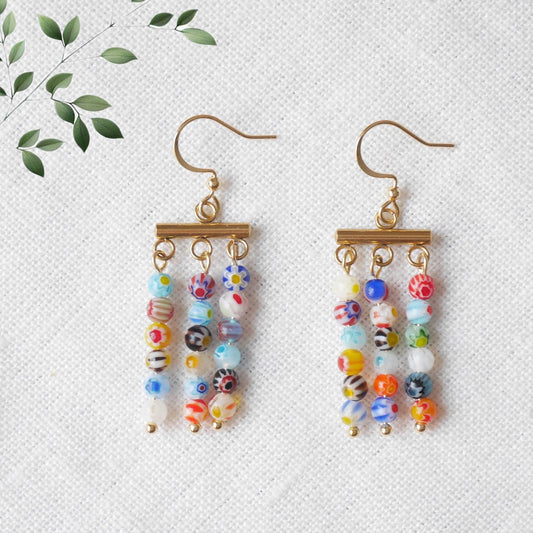 Millefiori dangle earrings | Colorful glass bead bar earrings | Multicolor rainbow beaded jewelry | Spring summer cute gift for woman