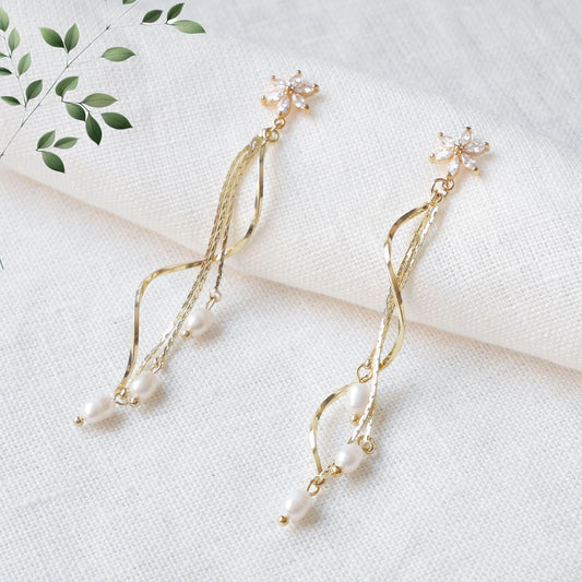 Long bridal starflower earrings | Ethereal freshwater pearl dangle earring | Elegant wedding jewelry | Romantic anniversary gift for her