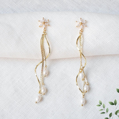 Long bridal starflower earrings | Ethereal freshwater pearl dangle earring | Elegant wedding jewelry | Romantic anniversary gift for her