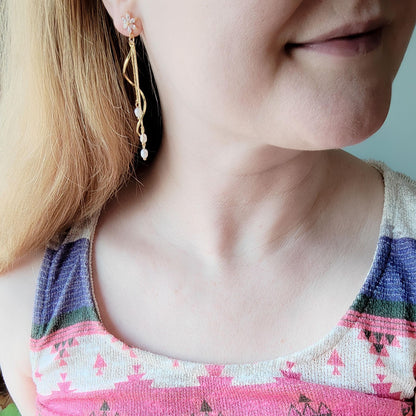 Long bridal starflower earrings | Ethereal freshwater pearl dangle earring | Elegant wedding jewelry | Romantic anniversary gift for her