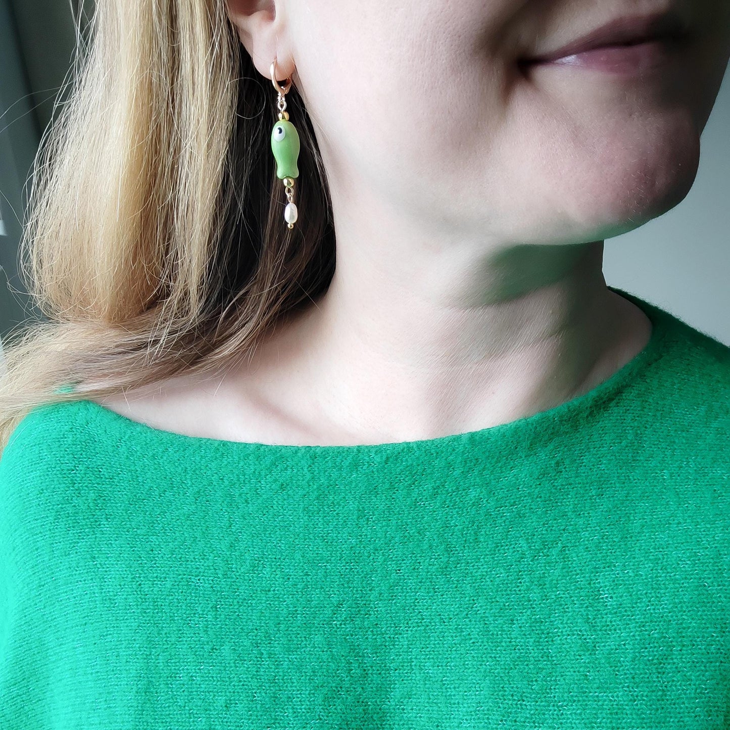 Cute ceramic drop earrings | Porcelain fish dangle with freshwater pearls | Quirky pink green dainty hoop earrings | Fun summer gift for her