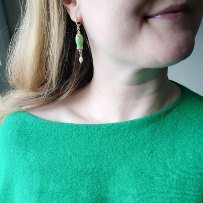 Cute ceramic drop earrings | Porcelain fish dangle with freshwater pearls | Quirky pink green dainty hoop earrings | Fun summer gift for her