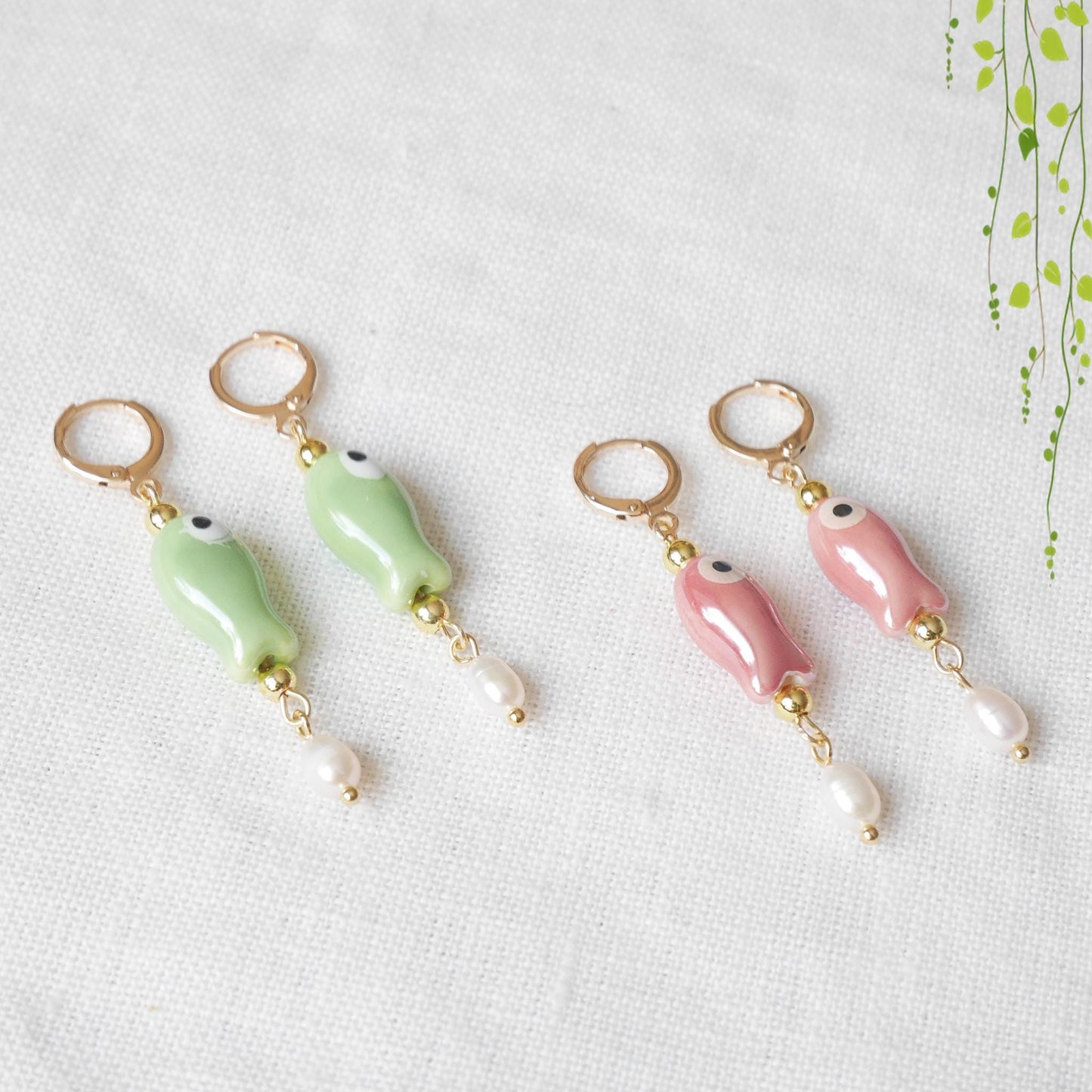 Cute ceramic drop earrings | Porcelain fish dangle with freshwater pearls | Quirky pink green dainty hoop earrings | Fun summer gift for her