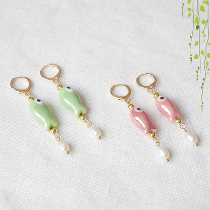 Cute ceramic drop earrings | Porcelain fish dangle with freshwater pearls | Quirky pink green dainty hoop earrings | Fun summer gift for her