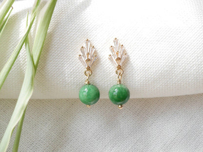 Art deco earrings | Green jade drop earrings | 1920s style gold jewelry | Dainty elegant bridal wedding bridesmaids zircon fan stone design