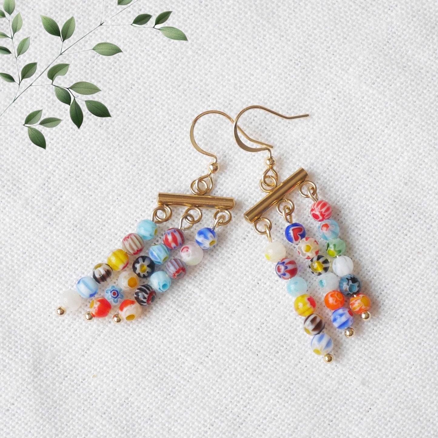 Millefiori dangle earrings | Colorful glass bead bar earrings | Multicolor rainbow beaded jewelry | Spring summer cute gift for woman