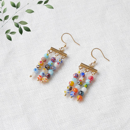 Millefiori dangle earrings | Colorful glass bead bar earrings | Multicolor rainbow beaded jewelry | Spring summer cute gift for woman