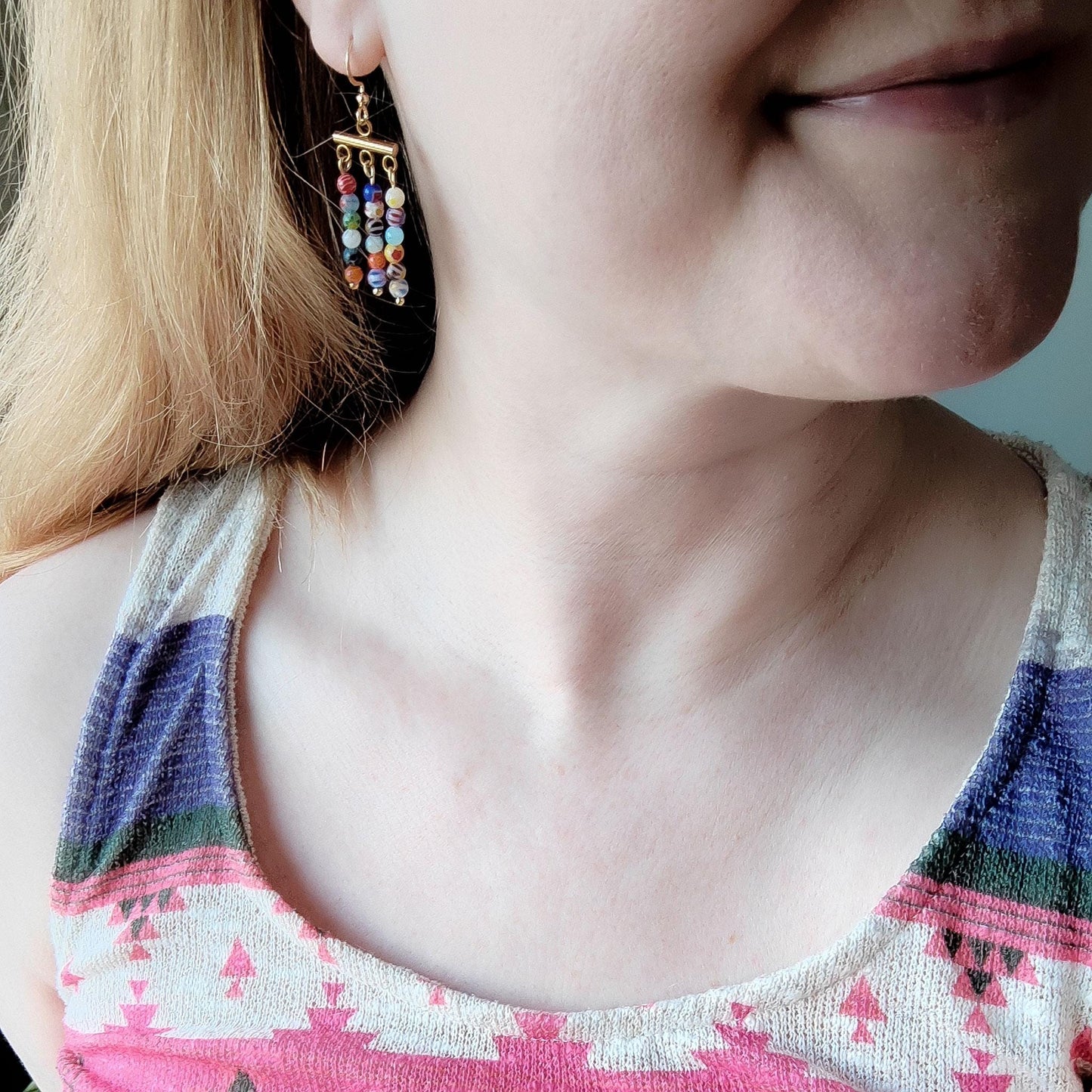 Millefiori dangle earrings | Colorful glass bead bar earrings | Multicolor rainbow beaded jewelry | Spring summer cute gift for woman