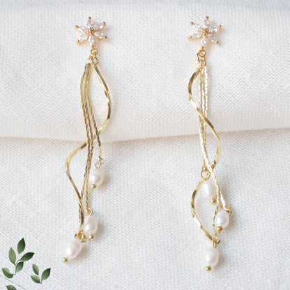 Long bridal starflower earrings | Ethereal freshwater pearl dangle earring | Elegant wedding jewelry | Romantic anniversary gift for her