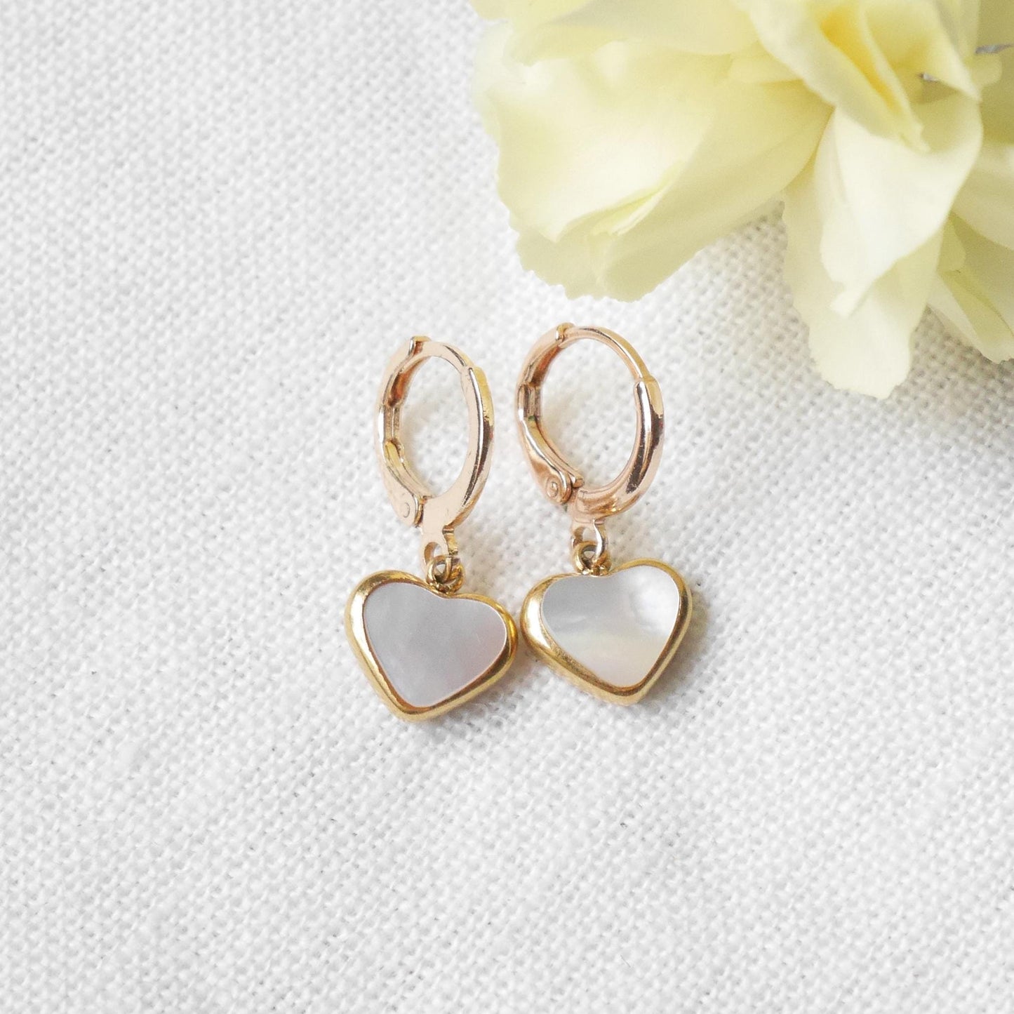 Heart hoop earrings | Gold hoop heart charm earrings | Round heart drop earrings with natural shell | 14k gold plated small hoops for her
