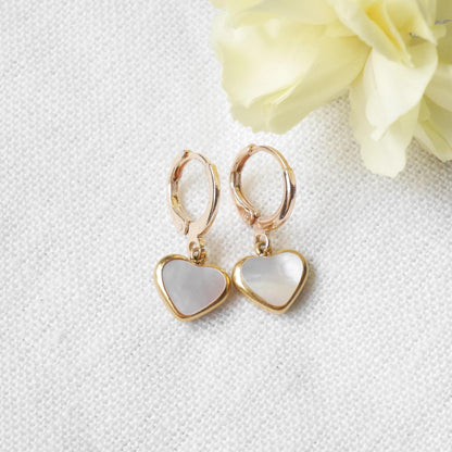 Heart hoop earrings | Gold hoop heart charm earrings | Round heart drop earrings with natural shell | 14k gold plated small hoops for her