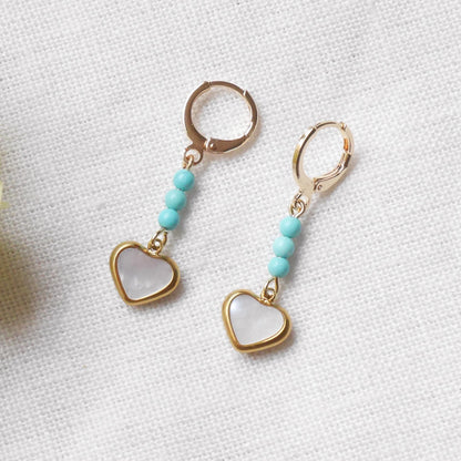 Turquoise heart earrings | Turquoise stone dangle hoop earrings | Light blue huggie hoop natural shell drop earring | Cute love gift for her