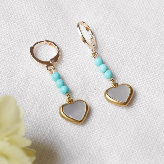 Turquoise heart earrings | Turquoise stone dangle hoop earrings | Light blue huggie hoop natural shell drop earring | Cute love gift for her
