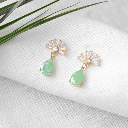Art deco green drop earrings | Vintage style fan shape earring | Dainty cute CZ gold bridal jewelry | Elegant green crystal gift for her