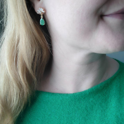 Art deco green drop earrings | Vintage style fan shape earring | Dainty cute CZ gold bridal jewelry | Elegant green crystal gift for her