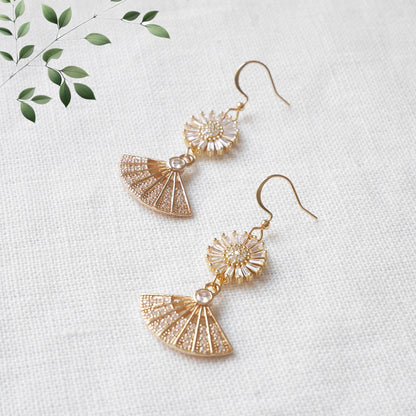 Gold daisy fan dangle earrings – floral bridal jewelry with cz drop accents