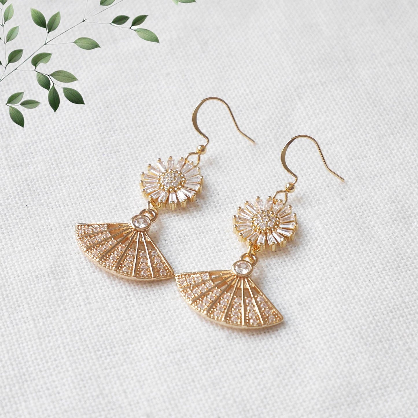 Gold daisy fan dangle earrings – floral bridal jewelry with cz drop accents