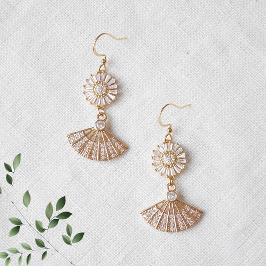 Gold daisy fan dangle earrings – floral bridal jewelry with cz drop accents