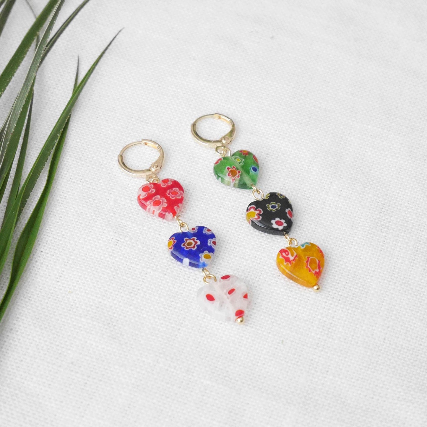 Millefiori heart earrings | Long colorful dangle earrings | Multicolor glass bead jewelry | Three hearts mismatched earrings gift for her