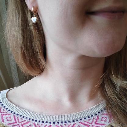 Heart hoop earrings | Gold hoop heart charm earrings | Round heart drop earrings with natural shell | 14k gold plated small hoops for her