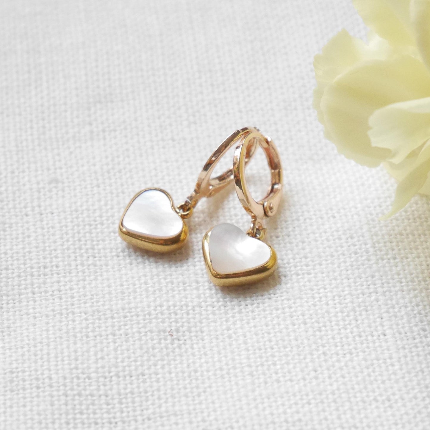 Heart hoop earrings | Gold hoop heart charm earrings | Round heart drop earrings with natural shell | 14k gold plated small hoops for her