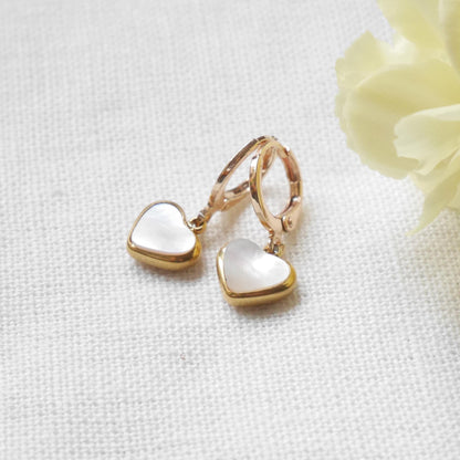 Heart hoop earrings | Gold hoop heart charm earrings | Round heart drop earrings with natural shell | 14k gold plated small hoops for her