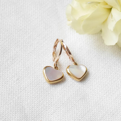 Heart hoop earrings | Gold hoop heart charm earrings | Round heart drop earrings with natural shell | 14k gold plated small hoops for her
