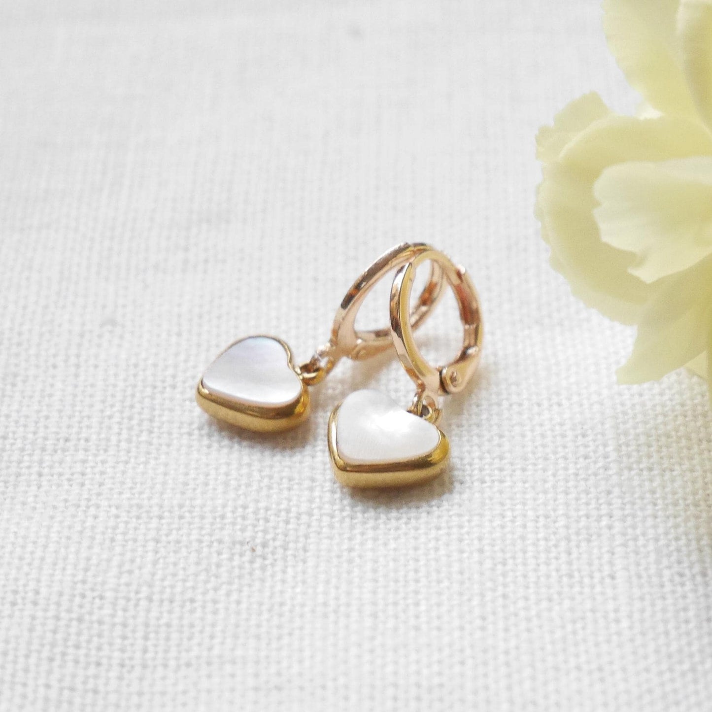 Heart hoop earrings | Gold hoop heart charm earrings | Round heart drop earrings with natural shell | 14k gold plated small hoops for her