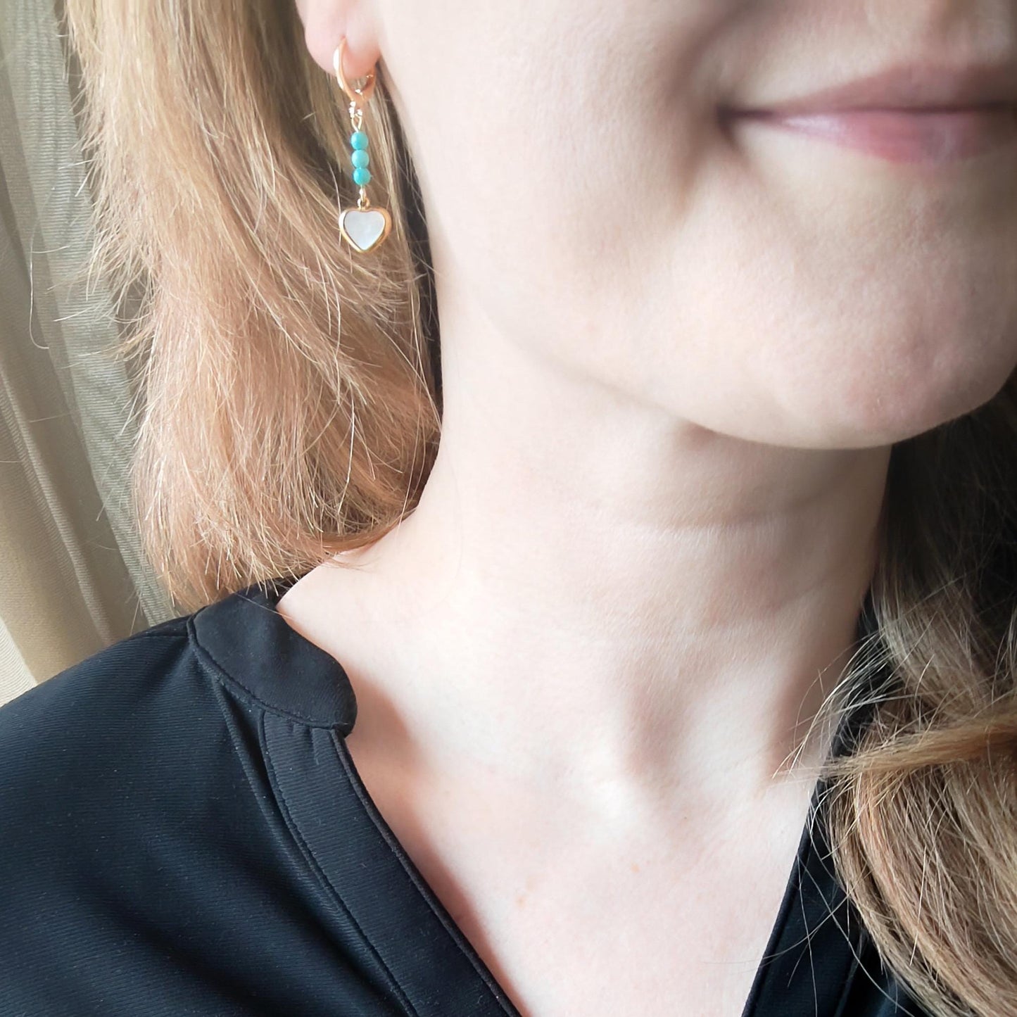 Turquoise heart earrings | Turquoise stone dangle hoop earrings | Light blue huggie hoop natural shell drop earring | Cute love gift for her