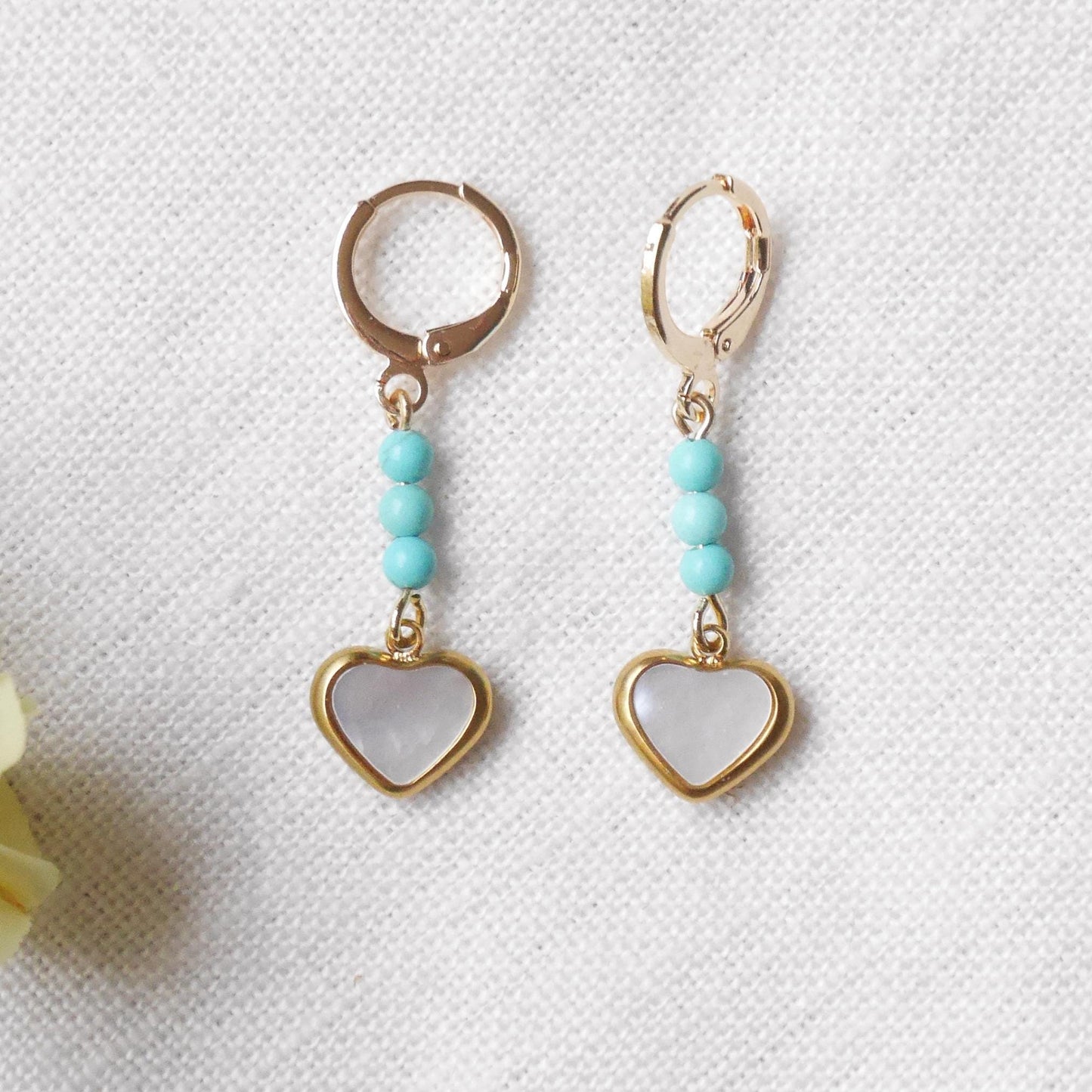Turquoise heart earrings | Turquoise stone dangle hoop earrings | Light blue huggie hoop natural shell drop earring | Cute love gift for her
