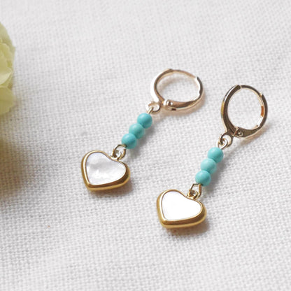 Turquoise heart earrings | Turquoise stone dangle hoop earrings | Light blue huggie hoop natural shell drop earring | Cute love gift for her