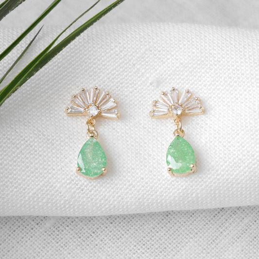 Art deco green drop earrings | Vintage style fan shape earring | Dainty cute CZ gold bridal jewelry | Elegant green crystal gift for her