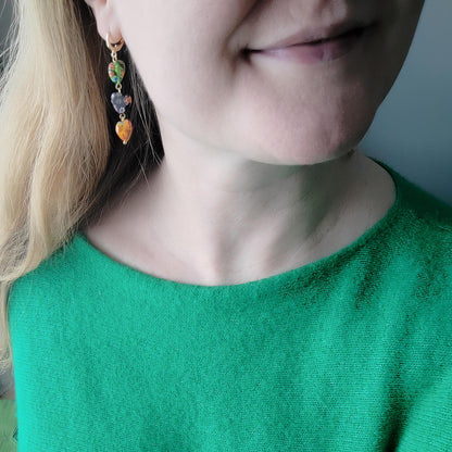 Millefiori heart earrings | Long colorful dangle earrings | Multicolor glass bead jewelry | Three hearts mismatched earrings gift for her