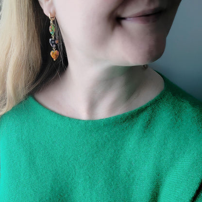 Millefiori heart earrings | Long colorful dangle earrings | Multicolor glass bead jewelry | Three hearts mismatched earrings gift for her