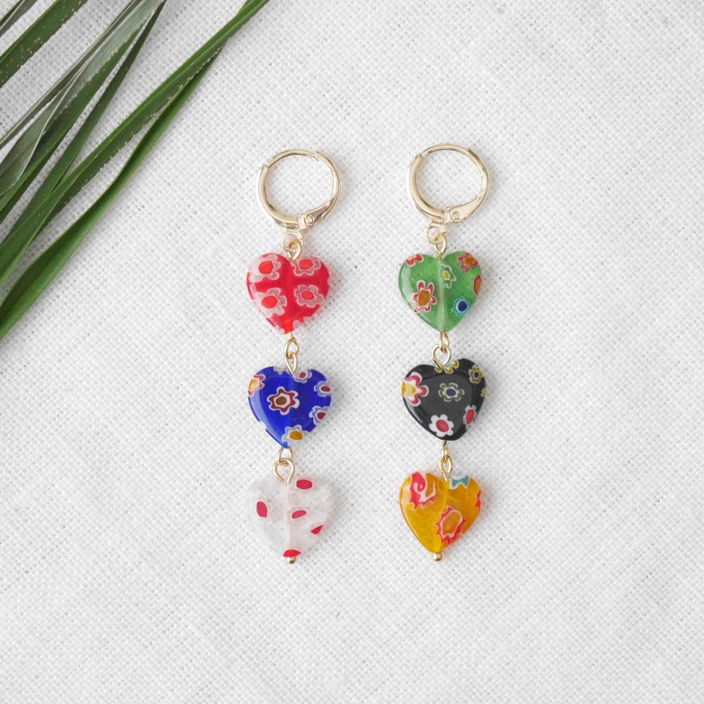 Millefiori heart earrings | Long colorful dangle earrings | Multicolor glass bead jewelry | Three hearts mismatched earrings gift for her