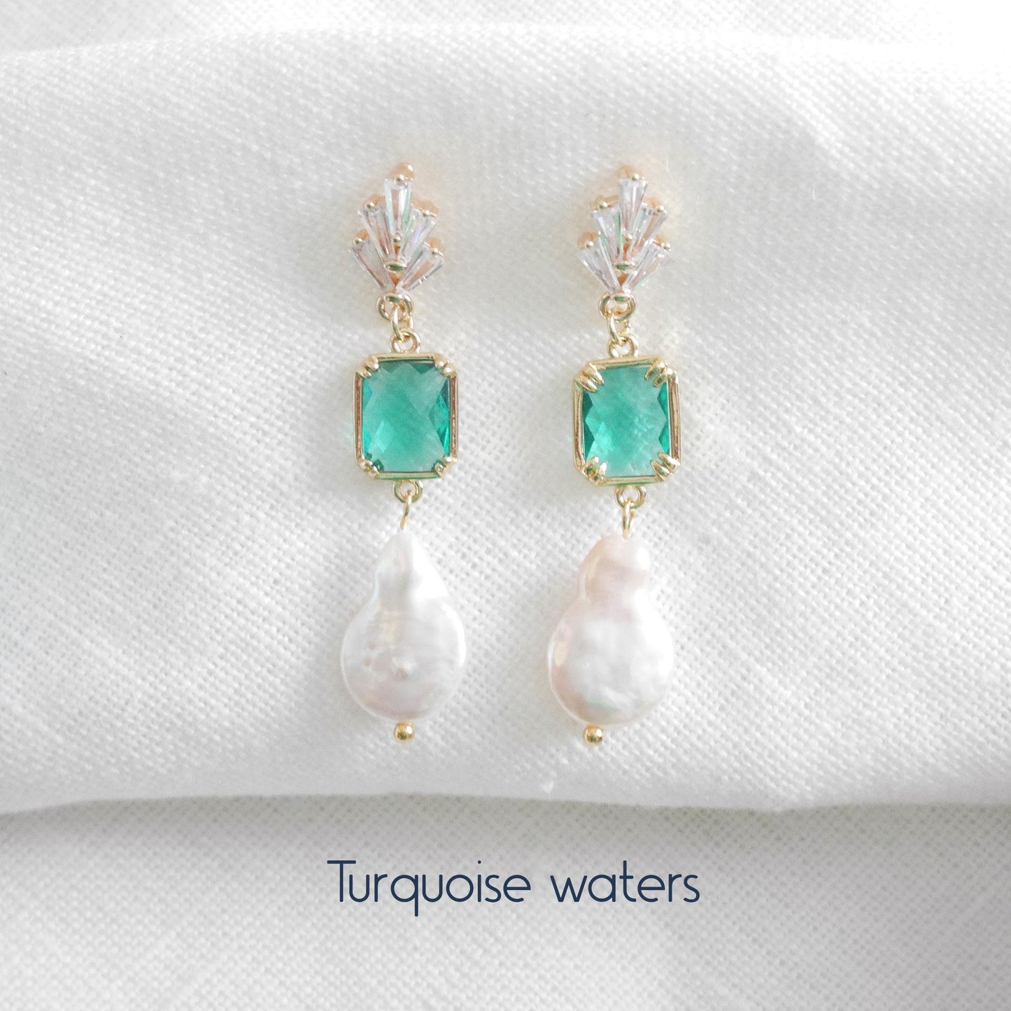 Something blue dangle earrings – dainty light blue glass and freshwater pearl drop