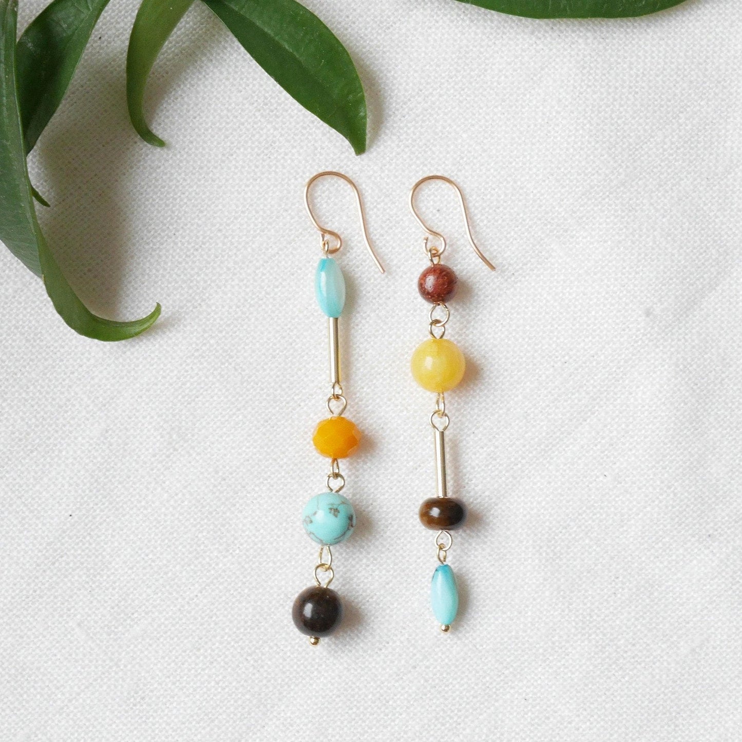 Turquoise and yellow beads earrings | Fun colorful jewelry | Long funky mismatched earrings | Multicolor bead handmade earrings gift for her