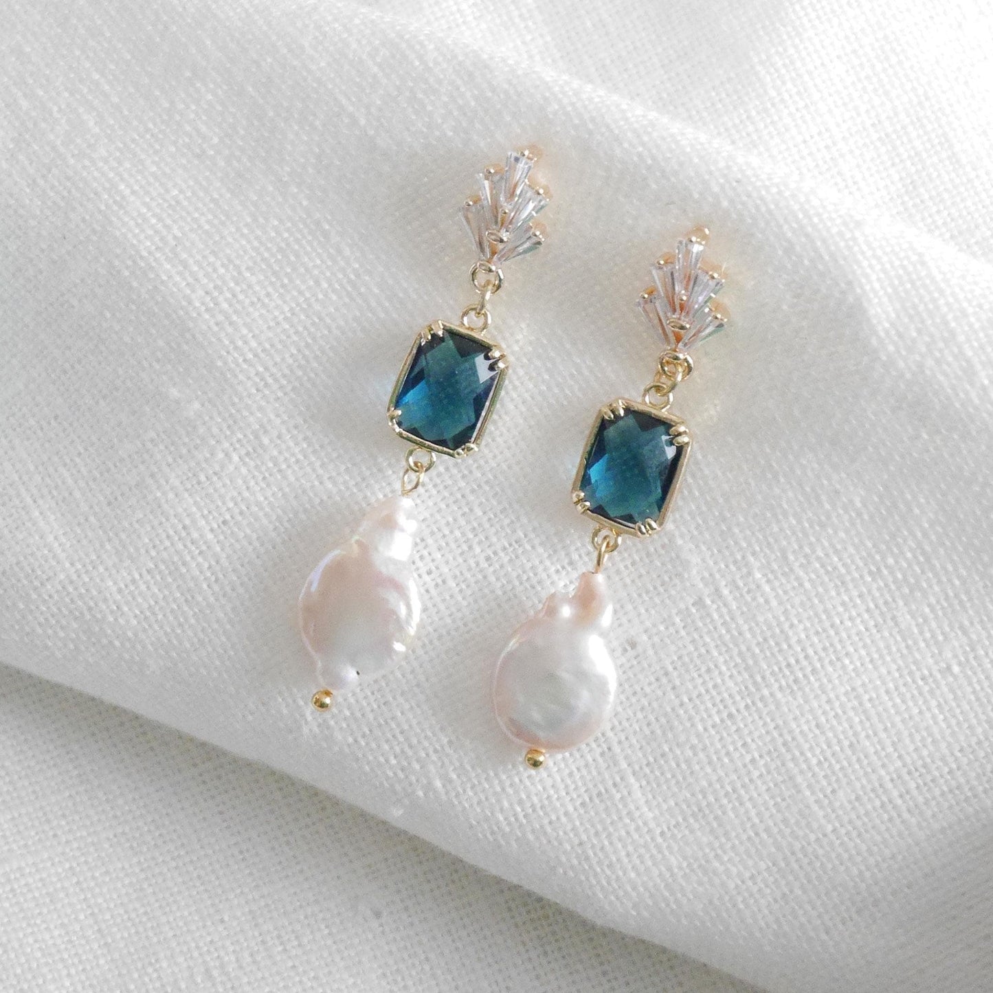 Something blue dangle earrings – dainty light blue glass and freshwater pearl drop