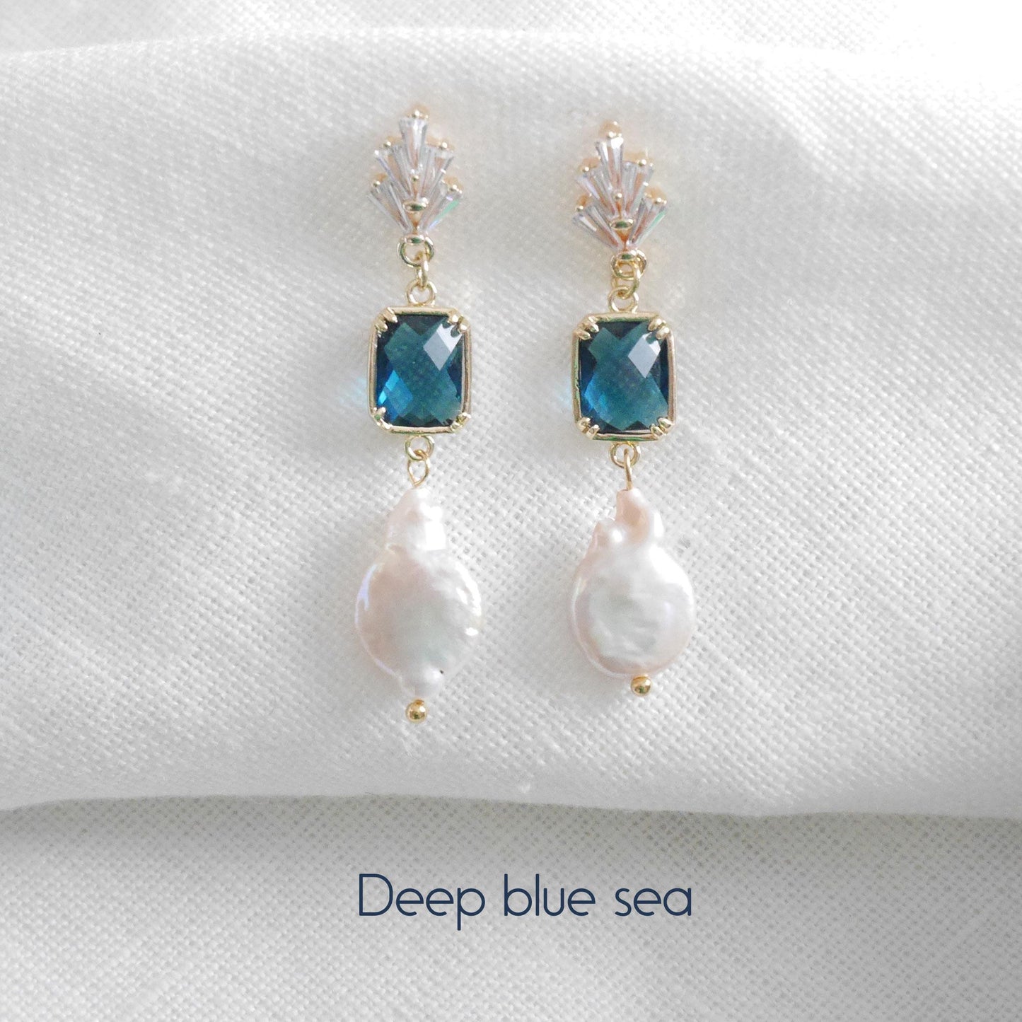 Something blue dangle earrings – dainty light blue glass and freshwater pearl drop