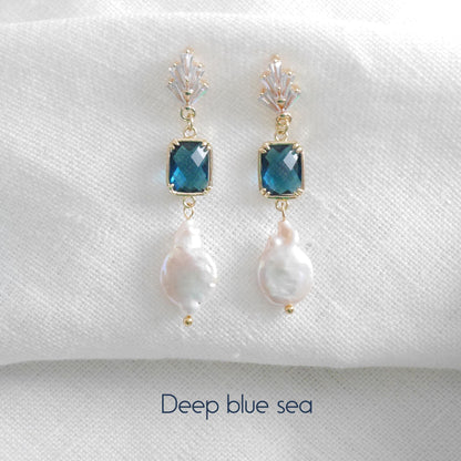 Something blue dangle earrings – dainty light blue glass and freshwater pearl drop