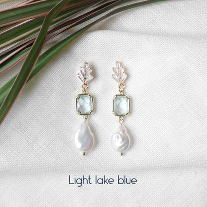 Something blue dangle earrings – dainty light blue glass and freshwater pearl drop