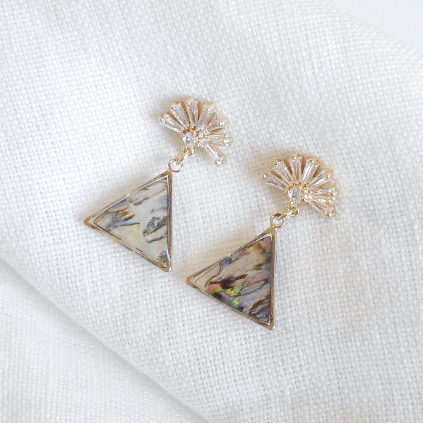 Art deco triangle earrings | Metallic shell drop earrings | Dainty deco fan wedding jewelry | Unique CZ stud earrings with smoky real shells