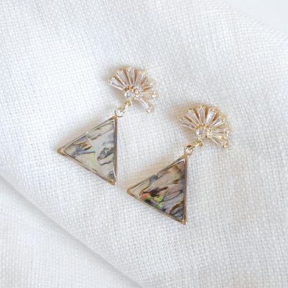 Art deco triangle earrings | Metallic shell drop earrings | Dainty deco fan wedding jewelry | Unique CZ stud earrings with smoky real shells