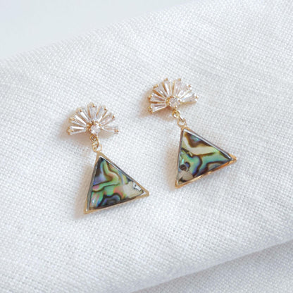 Art deco triangle earrings | Metallic shell drop earrings | Dainty deco fan wedding jewelry | Unique CZ stud earrings with smoky real shells