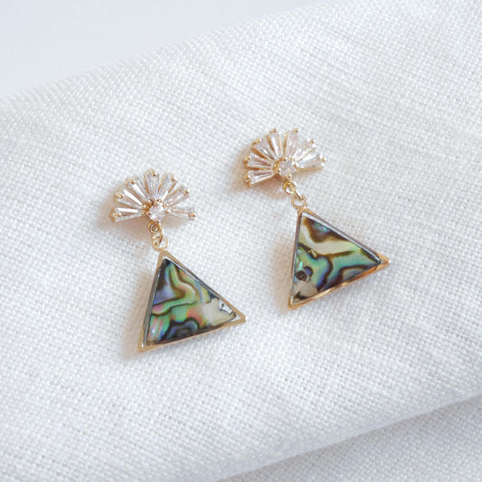Art deco triangle earrings | Metallic shell drop earrings | Dainty deco fan wedding jewelry | Unique CZ stud earrings with smoky real shells