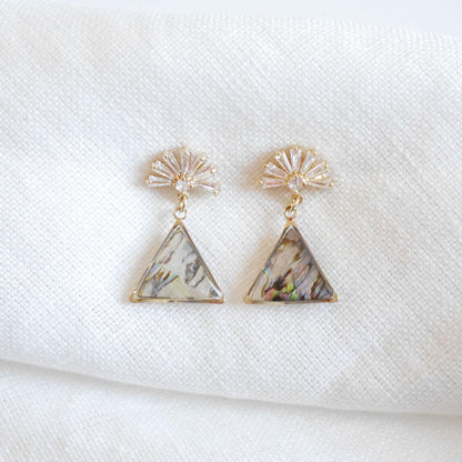 Art deco triangle earrings | Metallic shell drop earrings | Dainty deco fan wedding jewelry | Unique CZ stud earrings with smoky real shells
